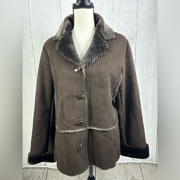 Jones New York Women’s Brown Faux Suede Fur Coat Jacket - Picture 1 of 16